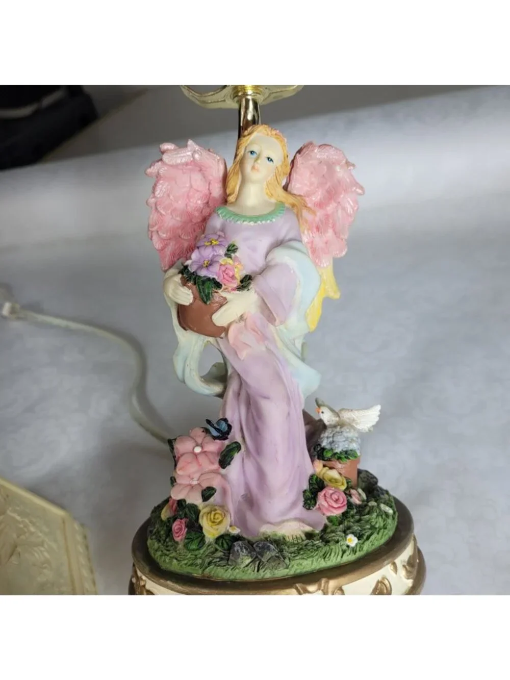 Vintage Indian Lamp Angel Flowers and Dove Lithophone Resin Plastic